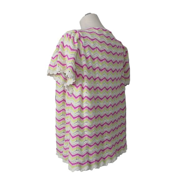 Torrid Women's Sz 6 Crochet Loose Knit Flutter Sleeve Zigzag Top Pink White EUC - Picture 7 of 16